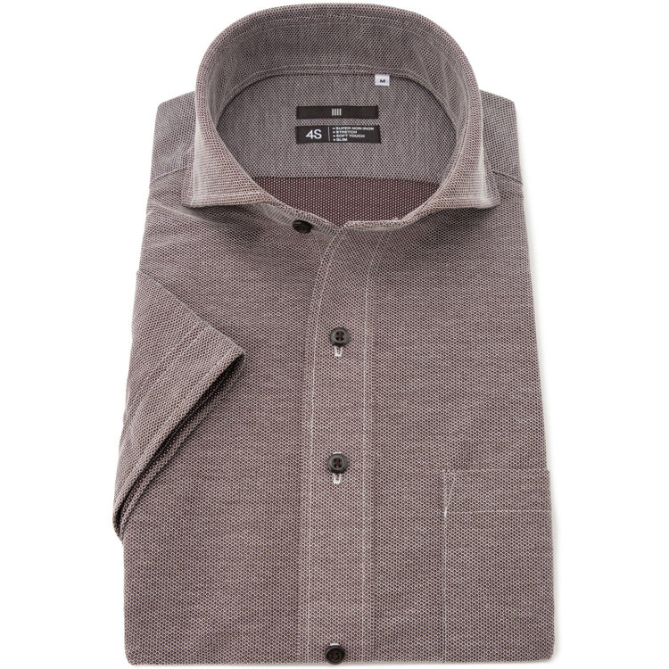 ブラックライン 【発送在庫あり】【BLACK LINE/半袖】ホリゾンタルワイドワイシャツ/ブラウン×ドビー/「4S HONEYCOMB MESH」スーパーノンアイロン・ストレッチ 茶中間