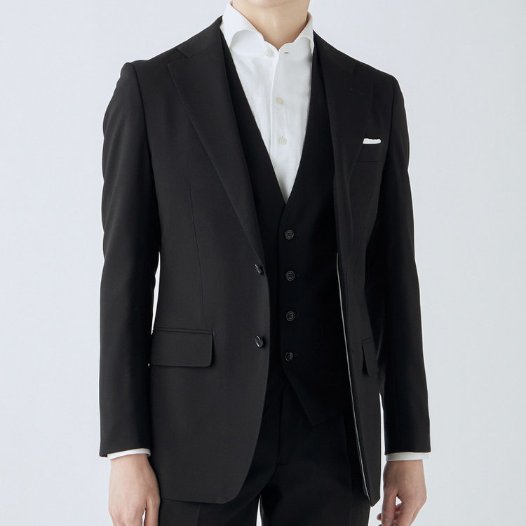 スーツセレクト 【CLASSICO TAPERED】【年間】【フォーマル対応可】2釦シングルスリーピースフォーマルスーツ 1タック/ブラック×ソリッド/※裾上げ必要 黒