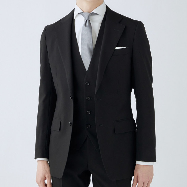 スーツセレクト 【CLASSICO TAPERED】【年間】【フォーマル対応可】2釦シングルスリーピースフォーマルスーツ 1タック/ブラック×ソリッド/※裾上げ必要 黒