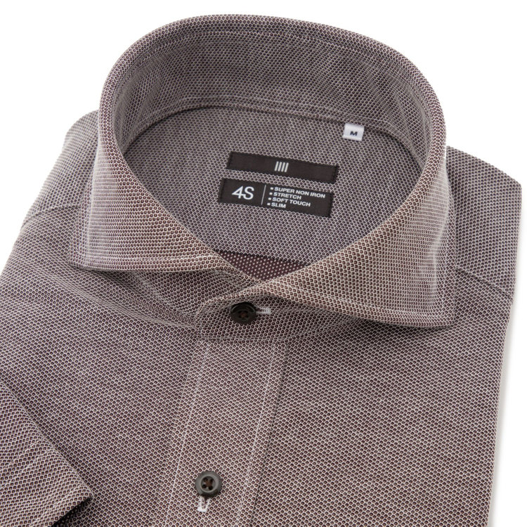 ブラックライン 【発送在庫あり】【BLACK LINE/半袖】ホリゾンタルワイドワイシャツ/ブラウン×ドビー/「4S HONEYCOMB MESH」スーパーノンアイロン・ストレッチ 茶中間