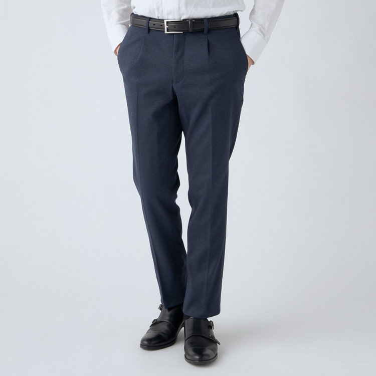 シルバーライン 【CLASSICO TAPERED】【秋冬】1タックテーパードパンツ/ネイビー×ハウンドトゥース/ウエストムーブ仕様/4S SUSTAINABILITY&ECOLOGY FABRIC/※裾上げ済仕様 紺濃色