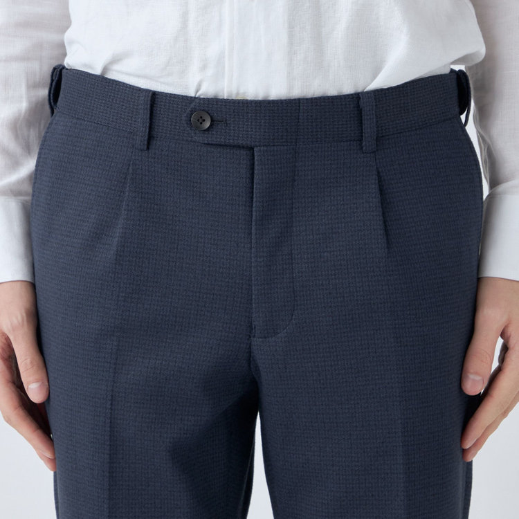シルバーライン 【CLASSICO TAPERED】【秋冬】1タックテーパードパンツ/ネイビー×ハウンドトゥース/ウエストムーブ仕様/4S SUSTAINABILITY&ECOLOGY FABRIC/※裾上げ済仕様 紺濃色