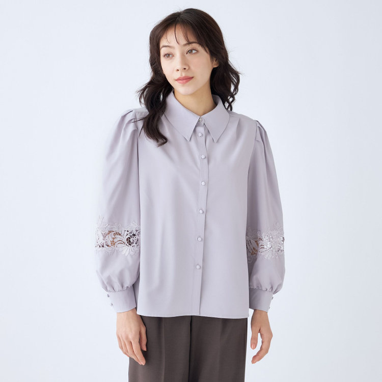 スーツセレクト 【Lady Like BLOUSE】【長袖】袖レース切替えブラウス/スモーキーラベンダー 紫淡色