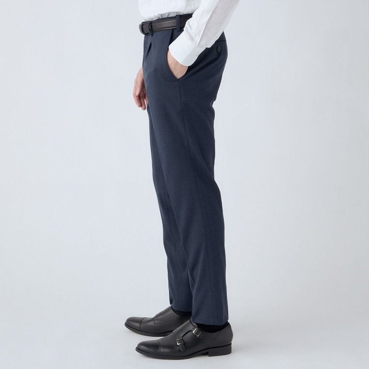シルバーライン 【CLASSICO TAPERED】【秋冬】1タックテーパードパンツ/ネイビー×ハウンドトゥース/ウエストムーブ仕様/4S SUSTAINABILITY&ECOLOGY FABRIC/※裾上げ済仕様 紺濃色