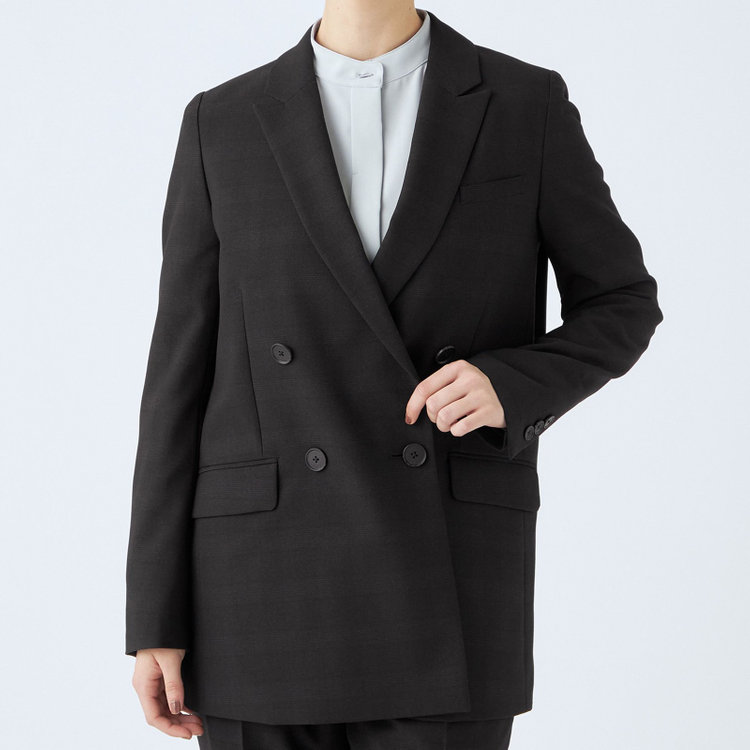 シルバーライン 【SL】【秋冬】4釦1掛けダブルパンツスーツ/ブラック×シャドーチェック/パンツウエストシャーリング/ウォッシャブル/※パンツ裾上げ済仕様 黒