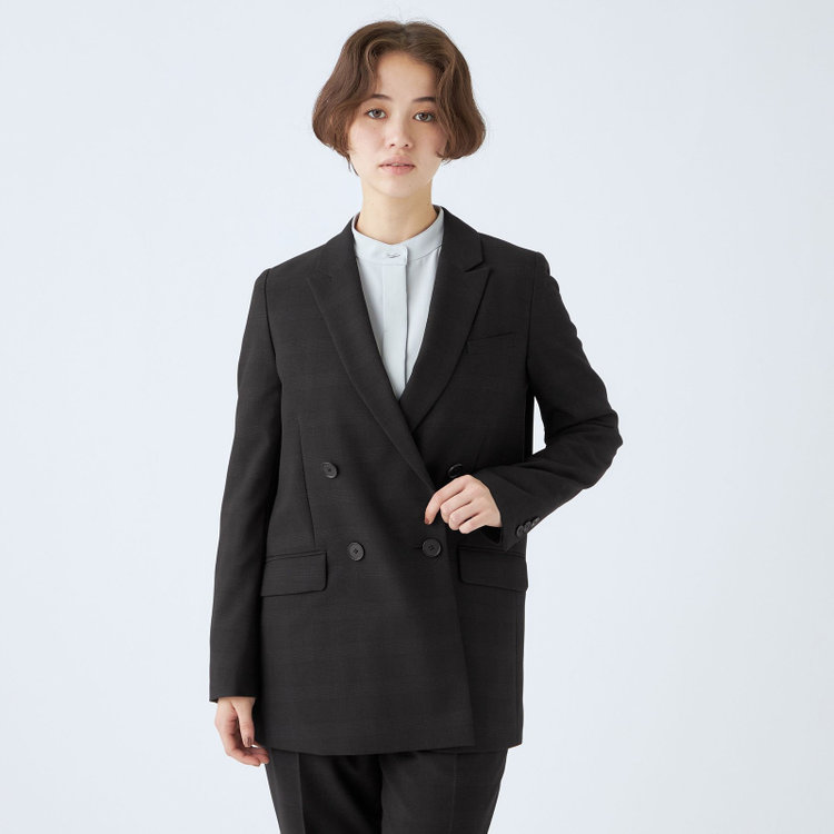 シルバーライン 【SL】【秋冬】4釦1掛けダブルパンツスーツ/ブラック×シャドーチェック/パンツウエストシャーリング/ウォッシャブル/※パンツ裾上げ済仕様 黒