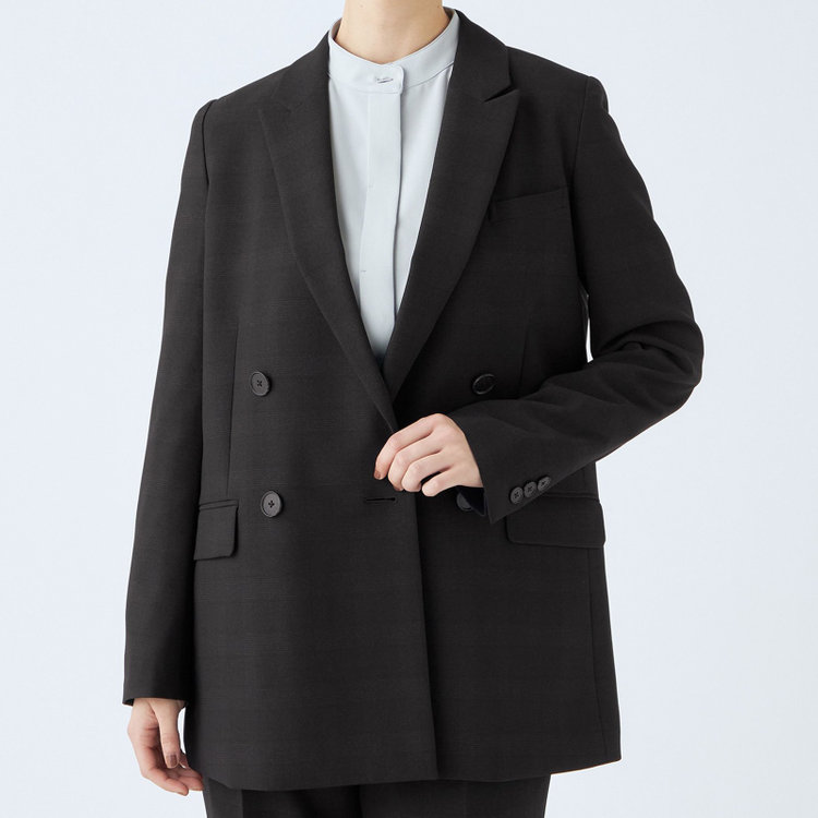 シルバーライン 【SL】【秋冬】4釦1掛けダブルパンツスーツ/ブラック×シャドーチェック/パンツウエストシャーリング/ウォッシャブル/※パンツ裾上げ済仕様 黒