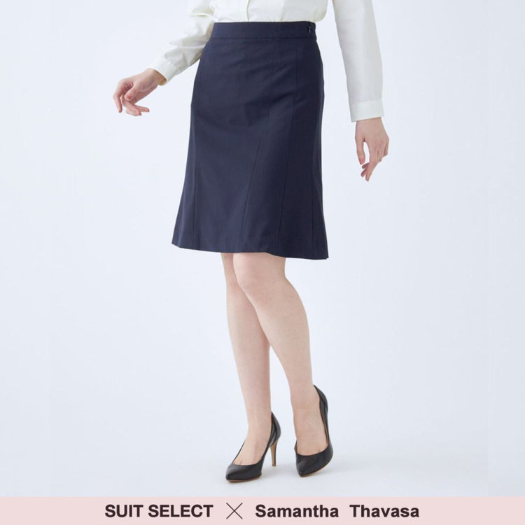 スーツセレクト 【SUIT SELECT×Samantha Thavasa】【年間】Aラインスカート/ネイビー×ストライプ/4S/マシンウォシャブル 紺中間