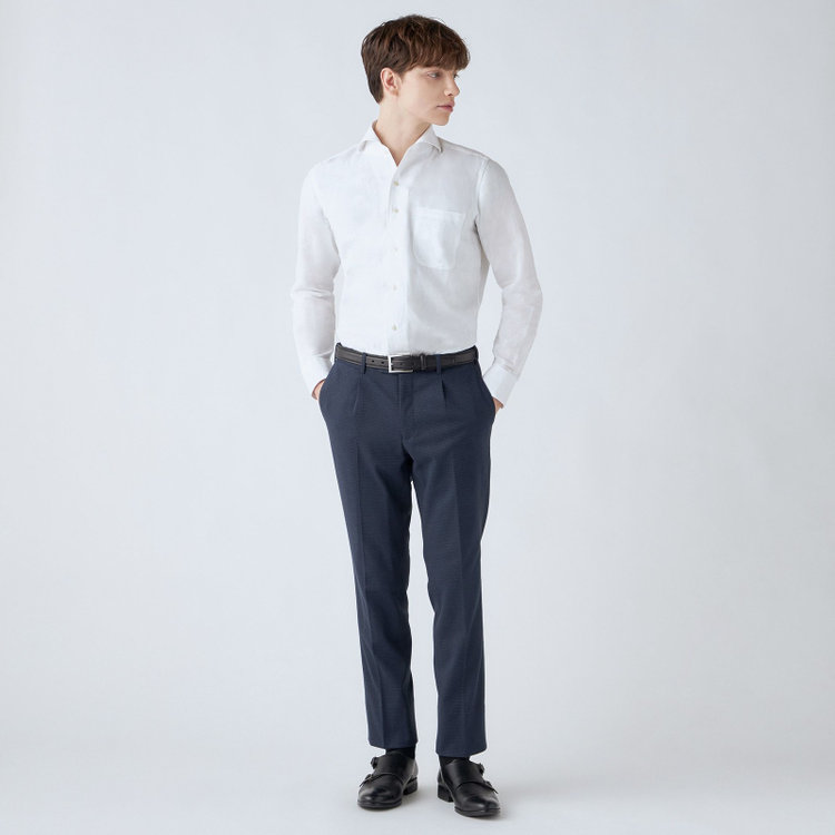 シルバーライン 【CLASSICO TAPERED】【秋冬】1タックテーパードパンツ/ネイビー×ハウンドトゥース/ウエストムーブ仕様/4S SUSTAINABILITY&ECOLOGY FABRIC/※裾上げ済仕様 紺濃色