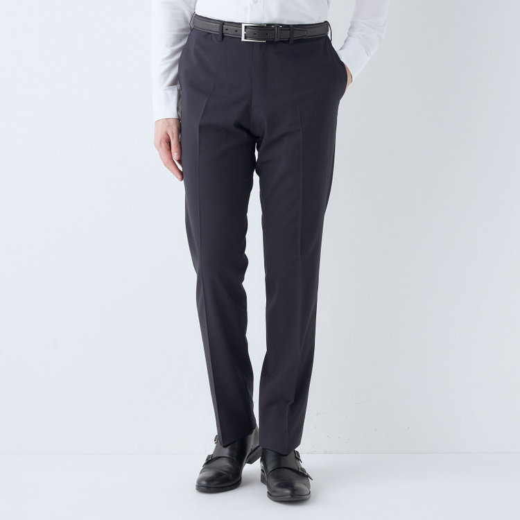 ブラックライン 【SLIM TAPERED】【春夏】0タックテーパードパンツ/ネイビー/ウエストムーブ/ウォッシャブル/4S SUSTAINABILITY&ECOLOGY FABRIC/※裾上げ済み仕様 紺濃色