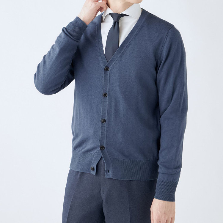 スーツセレクト 【RBC】【秋冬】ウール100%ニットカーディガン/ブルー/ZEGNA BARUFFA/マシンウォッシャブル 青中間