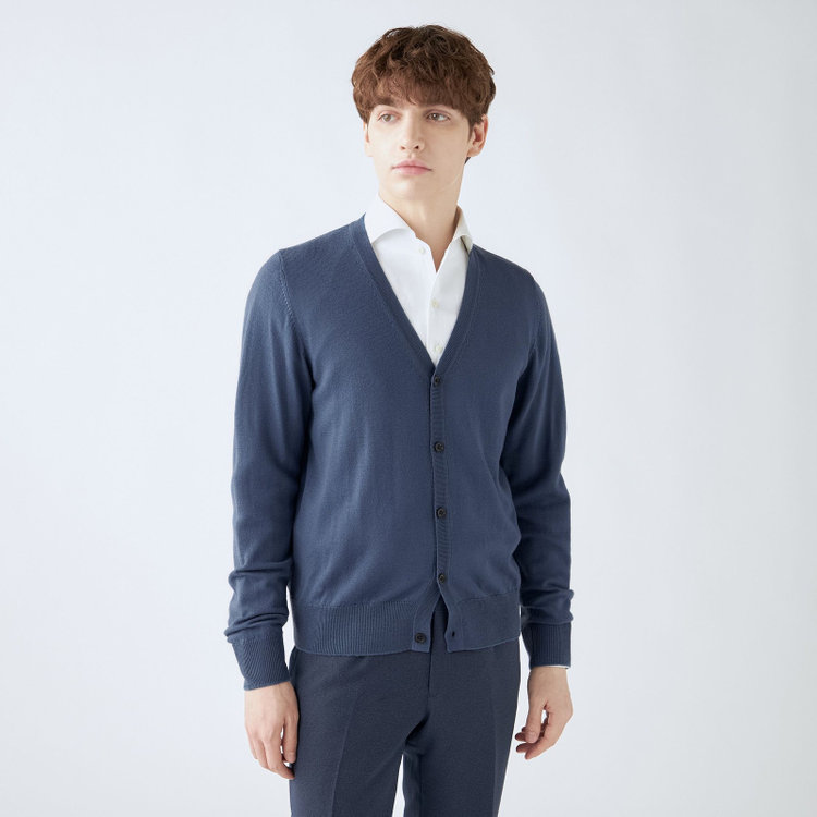 スーツセレクト 【RBC】【秋冬】ウール100%ニットカーディガン/ブルー/ZEGNA BARUFFA/マシンウォッシャブル 青中間