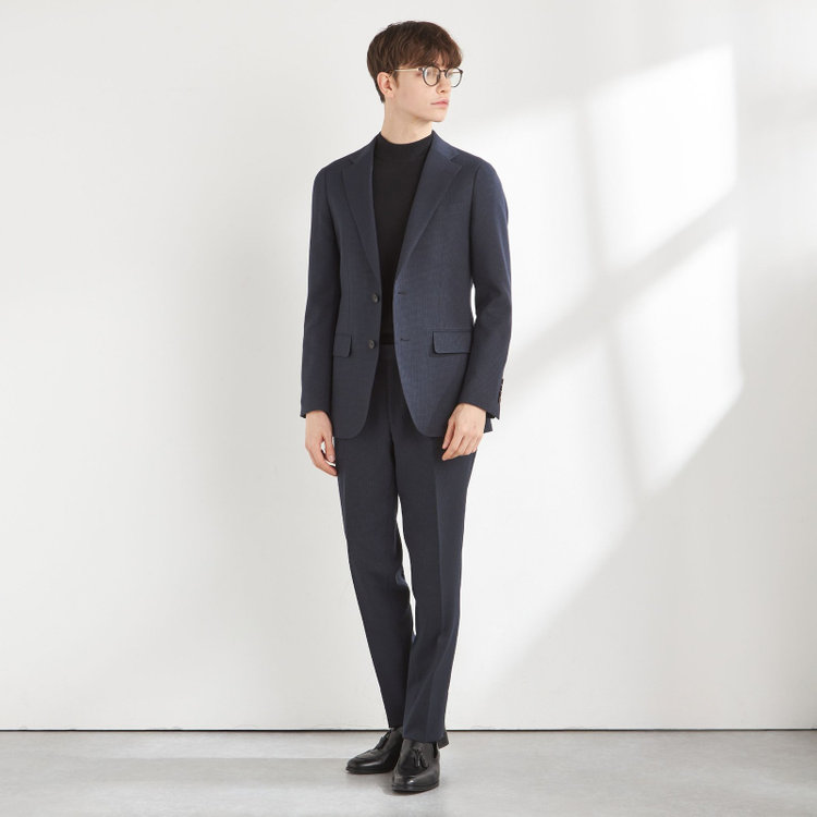 SUIT SELECT　アウトレット 【WEB限定/OUTLET/日焼け等有】【CLASSICO TAPERED】【秋冬】2釦シングルスーツ 1タック/ネイビー＆ブラック×ハウンドトゥース/ウエストムーブ/4S /※パンツ裾上げ済仕様 紺中間