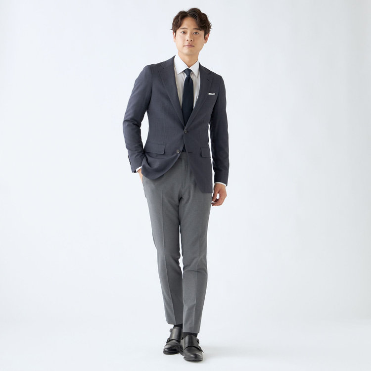 シルバーライン 【CLASSICO TAPERED】【春夏】コーディネートパンツ付き/2釦シングルスーツ 1タック/ネイビー×チェック+グレーソリッドパンツ/ウエストムーブ/4S SUSTAINABILITY/BREATH EFFECT AIR/※パンツ裾上げ済仕様 紺濃色