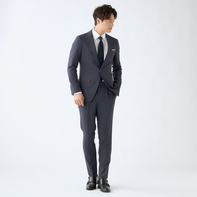 シルバーライン 【CLASSICO TAPERED】【春夏】コーディネートパンツ付き/2釦シングルスーツ 1タック/ネイビー×チェック+グレーソリッドパンツ/ウエストムーブ/4S SUSTAINABILITY/BREATH EFFECT AIR/※パンツ裾上げ済仕様 紺濃色