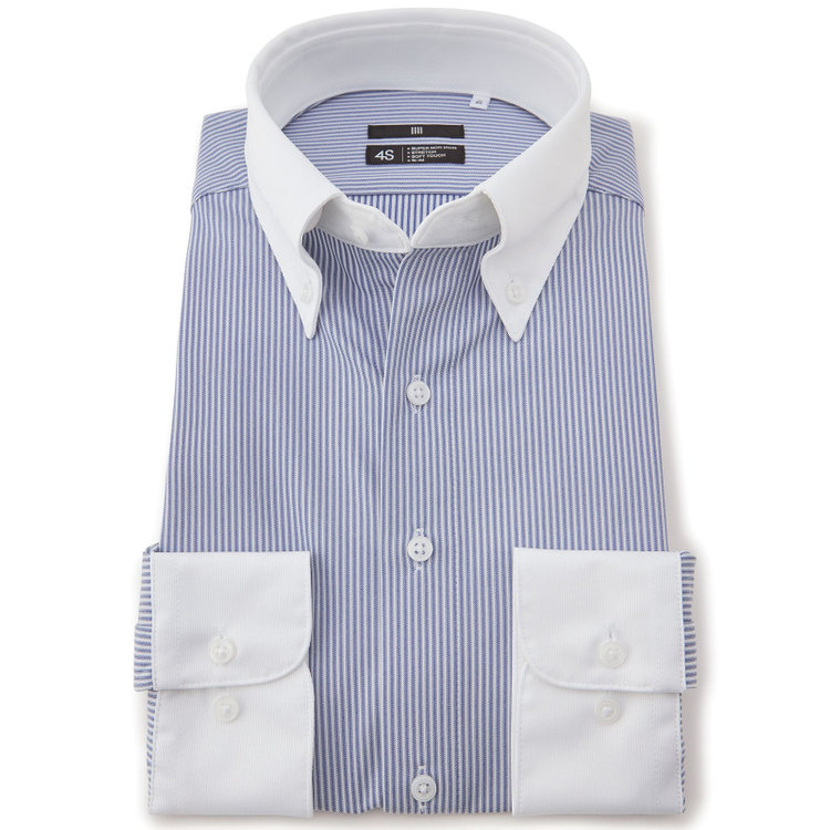 スーツセレクト 【発送在庫あり】【BLACK LINE】クレリックボタンダウンワイシャツ/襟袖口：ホワイト+ネイビー×ホワイトストライプ/「4S」スーパーノンアイロン・ストレッチ 紺中間