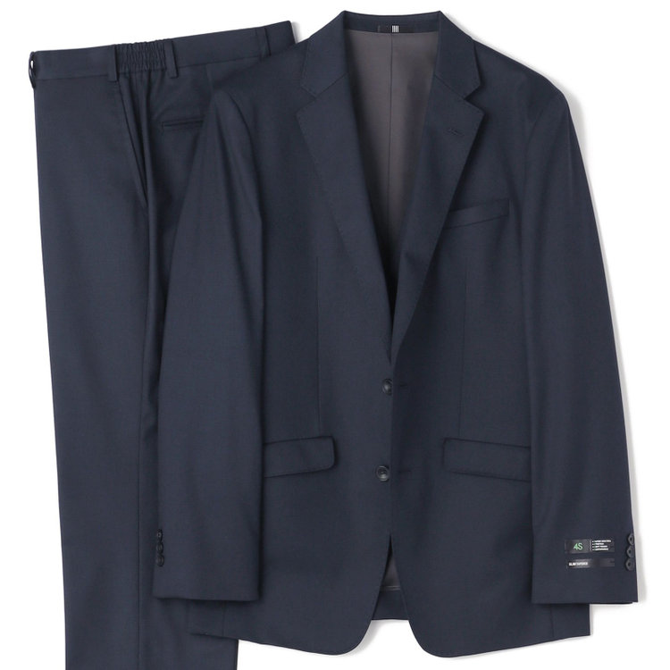 ブラックライン 【SLIM TAPERED_2】【年間】2釦シングルスリーピーススーツ 0タック/ネイビー/ウエストシャーリング/4S SUSTAINABILITY&ECOLOGY FABRIC/※パンツ裾上げ済仕様 紺濃色