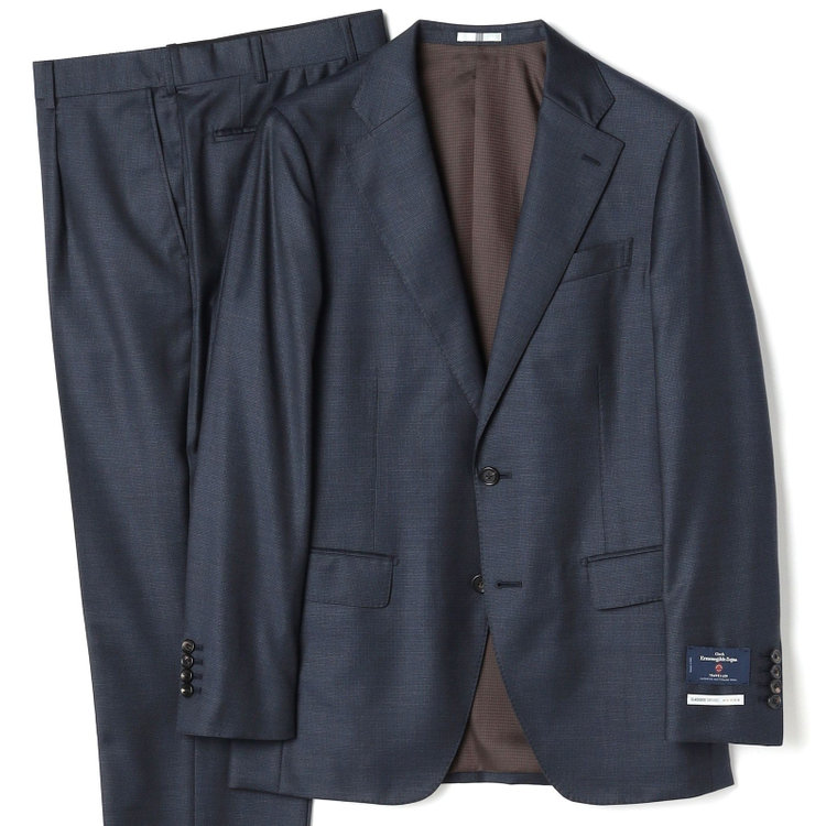 【CLASSICO TAPERED】【秋冬】2釦シングルスーツ 1タック/ネイビー×メランジ調ハウンドトゥース柄/ウエストムーブ/Ermenegildo Zegna Traveller /※裾上げ必要
