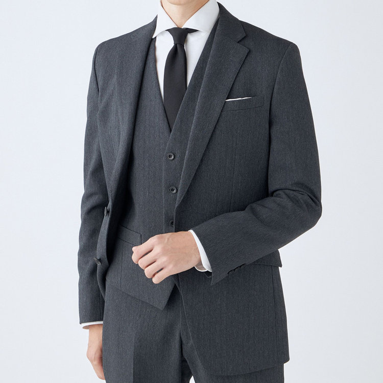 ブラックライン 【SLIM TAPERED_2】【秋冬】2釦シングルスリーピーススーツ 0タック/グレー×シャドーストライプ/ウエストシャーリング/4S SUSTAINABILITY&ECOLOGY FABRIC/※パンツ裾上げ済仕様 グレー中間