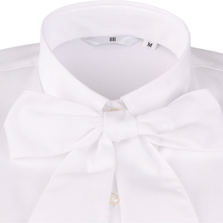 シルバーライン 【SL/長袖】レギュラーカラーブラウス/ホワイト×ドビーストライプ/リボンタイ付 白