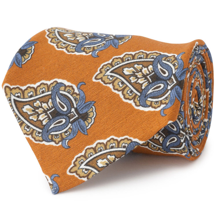 シルバーライン 【SL】リネンシルクペイズリーネクタイ 8.5cm幅/オレンジ×ブラウン＆ネイビー/Finest fabrics by COMO ITALY その他