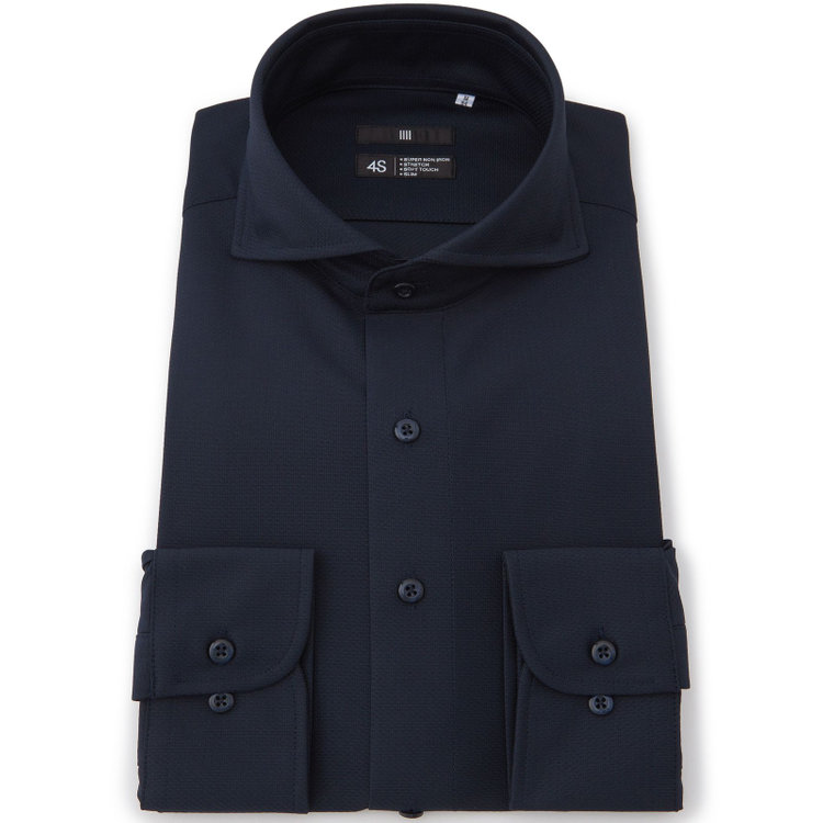 ブラックライン 【発送在庫あり】【BLACK LINE】ホリゾンタルワイドワイシャツ/ネイビー/「4S」スーパーノンアイロン・ストレッチ 紺中間