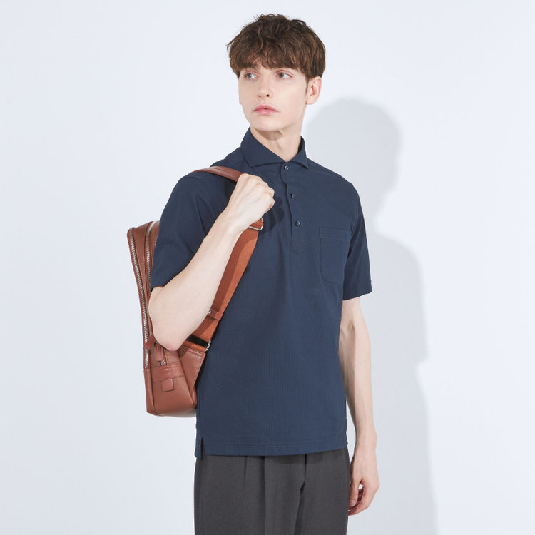 シルバーライン 【発送在庫あり】【RBC/五分袖】カッタウェイビズポロシャツ プルオーバータイプ/ネイビー×シアサッカー/4S コットンブレンド 青濃色