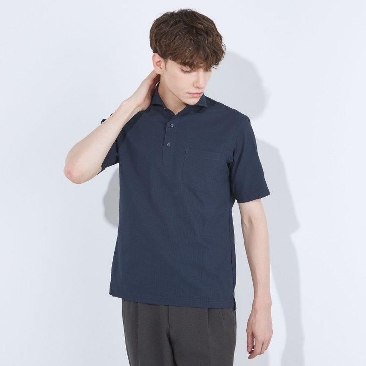 シルバーライン 【発送在庫あり】【RBC/五分袖】カッタウェイビズポロシャツ プルオーバータイプ/ネイビー×シアサッカー/4S コットンブレンド 青濃色