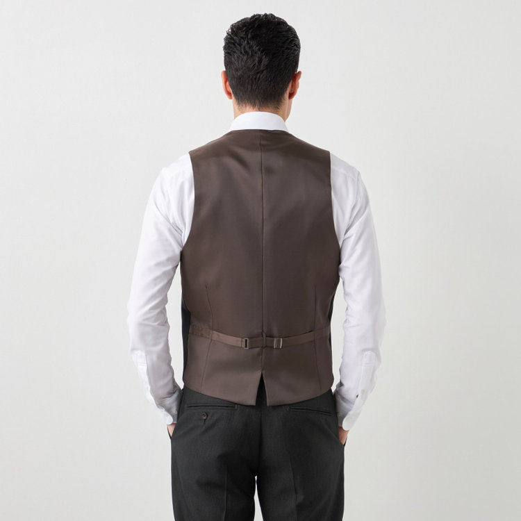 ブラックライン 【SLIM TAPERED】【年間】 2釦シングルスリーピーススーツ 0タック/ ダークブラウン×デジタルデニム  /ウエストシャーリング/ 4S TAKE OUT SUITS / ※パンツ裾上げ済仕様 緑濃色
