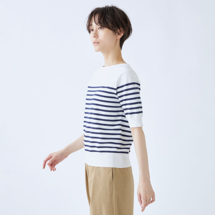 SUIT SELECT　アウトレット 【WEB限定/OUTLET/汚れ・キズ等有】【SL/半袖】ボーダーニット/ホワイト×ネイビー 紺中間