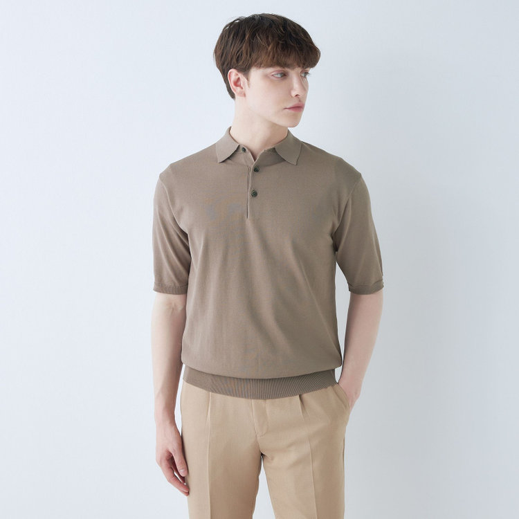 SUIT SELECT　アウトレット 【WEB限定/OUTLET/汚れ・キズ等有】【RBC】【5分袖】コットンブレンドレトロポロシャツ/ブラウン/マシンウォッシャブル 茶淡色