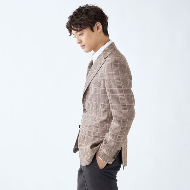 シルバーライン 【CLASSICO TAPERED】【春夏】リネンウールワイドラペル3釦段返りジャケット/ブラウン×チェック/DRAGO lanificio in billa fabric made in italy 茶淡色