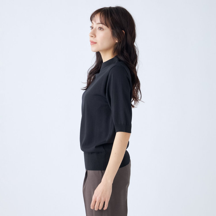 シルバーライン 【SILVER LINE/５分袖】天竺編みモックネックニット/ブラック 黒