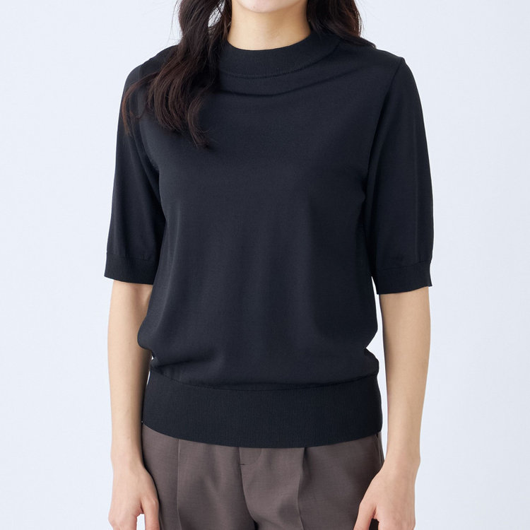 シルバーライン 【SILVER LINE/５分袖】天竺編みモックネックニット/ブラック 黒