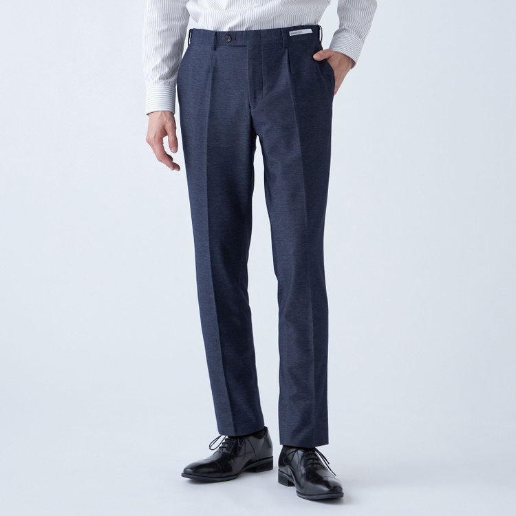 シルバーライン 【発送在庫あり】【CLASSICO TAPERED】【年間】コットンブレンド1タックテーパードパンツ/ネイビー×ソフトデニム/ウエストムーブ/※裾上げ済み仕様 紺中間