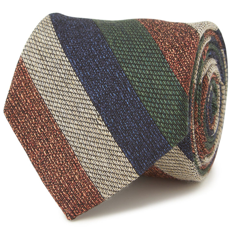 シルバーライン 【SILVER LINE】コットンウールシルクストライプネクタイ 8.5cm幅/ネイビー×オレンジ×グリーン/ITALIAN FABRICS その他