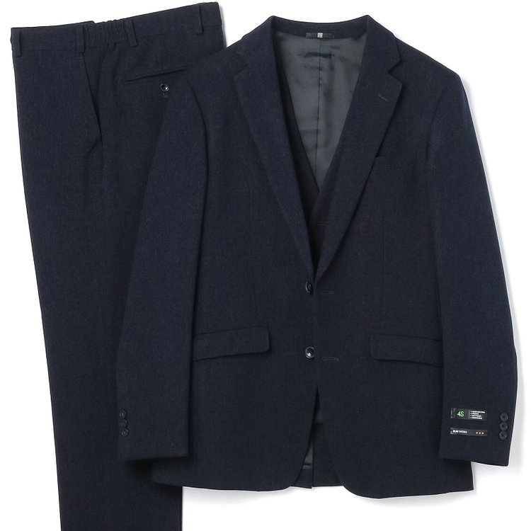 ブラックライン 【SLIM TAPERED_2】【秋冬】2釦シングルスリーピーススーツ 0タック/ネイビー/ウエストシャーリング/4S SUSTAINABILITY&ECOLOGY FABRIC/※パンツ裾上げ済仕様 紺濃色