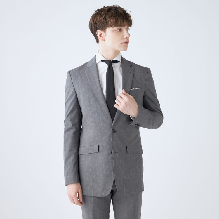 ブラックライン 【SLIM TAPERED_2】【春夏】2釦シングルスーツ 0タック/グレー×ストライプ/ウエストシャーリング/4S SUSTAINABILITY&ECOLOGY FABRIC/ウォッシャブル/※パンツ裾上げ済仕様 グレー中間