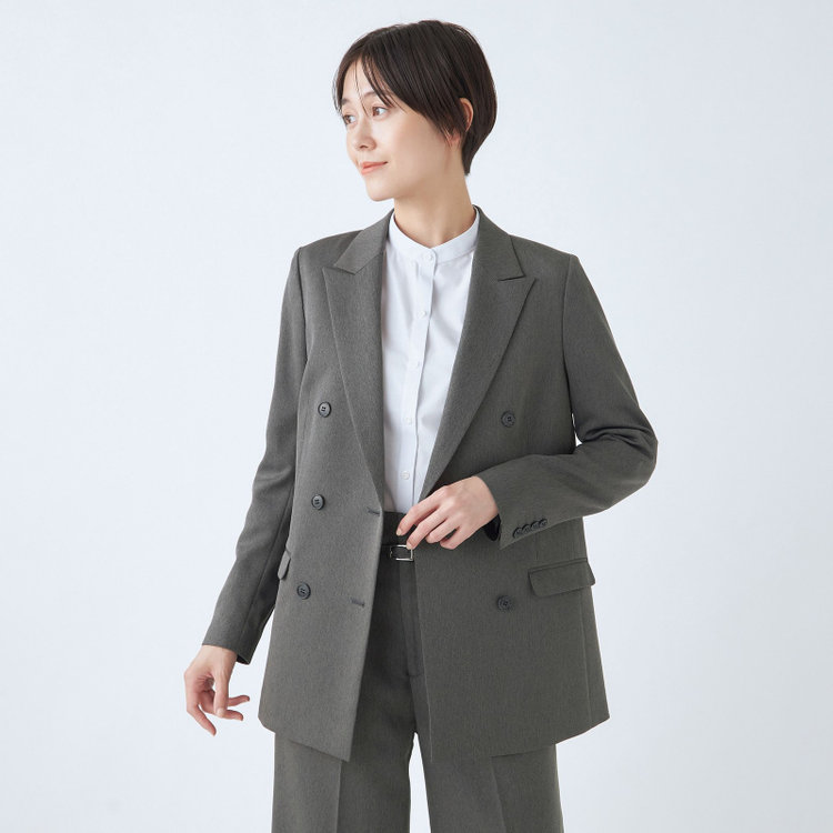 シルバーライン 【SL】【秋冬】6釦2掛けダブルワイドパンツスーツ/グレーグリーン/ウエスト内側アジャスター/ウォッシャブル/※裾上げ済み仕様 グレー濃色