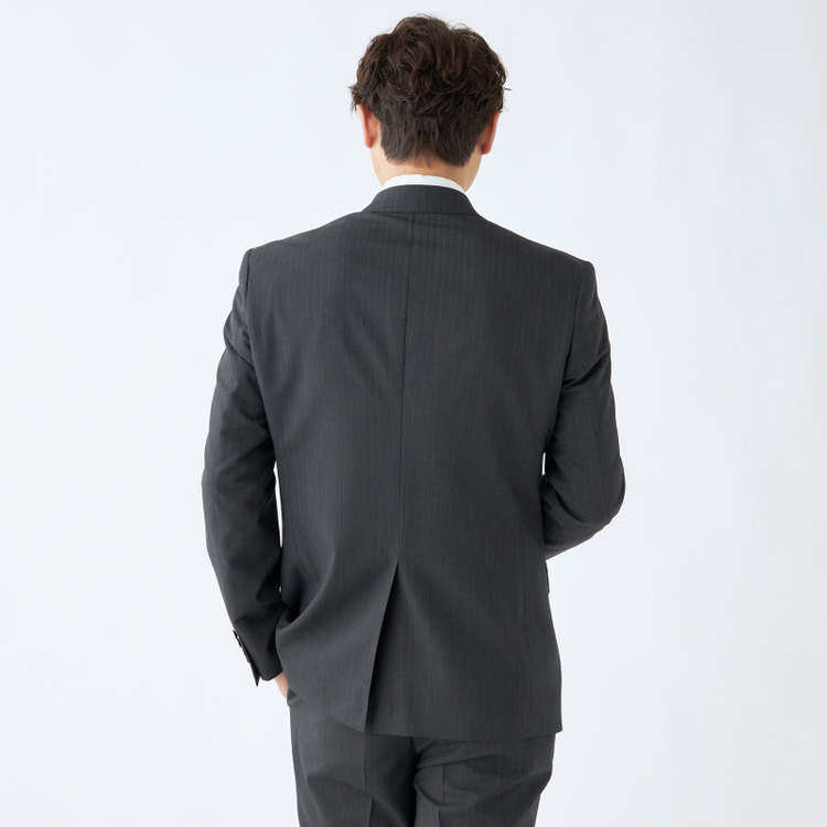 ブラックライン 【KSW】【春夏】スペアパンツ付き/2釦シングルスーツ 0タック/グレー×シャドーストライプ/ウォッシャブル/※裾上げ必要 グレー濃色