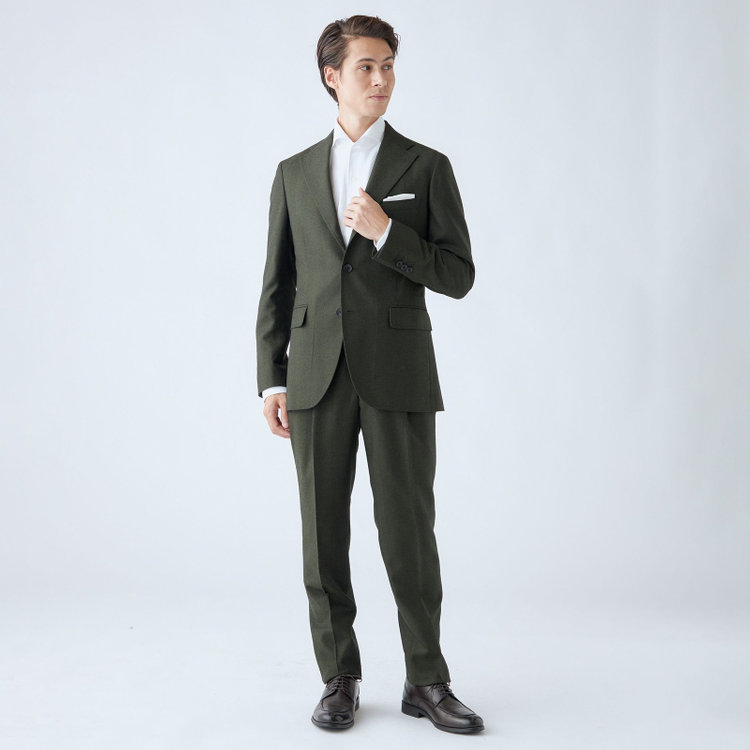 シルバーライン 【CLASSICO TAPERED】【秋冬】3釦段返りシングルスーツ 2タック/カーキ×ヘリンボーン/ウエストムーブ/MARZOTTO/※裾上げ必要 緑中間