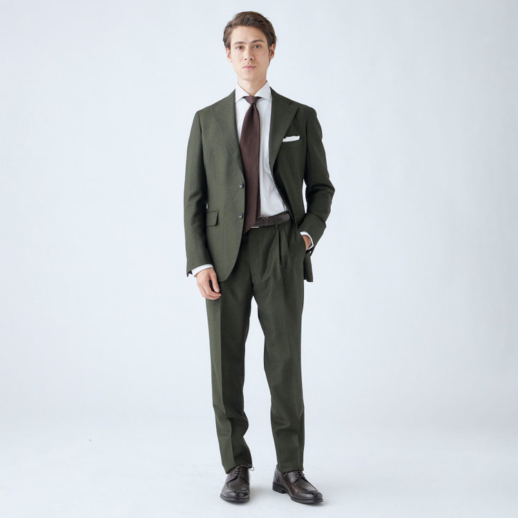 シルバーライン 【CLASSICO TAPERED】【秋冬】3釦段返りシングルスーツ 2タック/カーキ×ヘリンボーン/ウエストムーブ/MARZOTTO/※裾上げ必要 緑中間