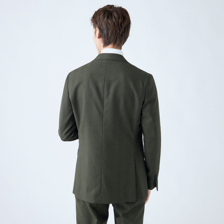 シルバーライン 【CLASSICO TAPERED】【秋冬】3釦段返りシングルスーツ 2タック/カーキ×ヘリンボーン/ウエストムーブ/MARZOTTO/※裾上げ必要 緑中間
