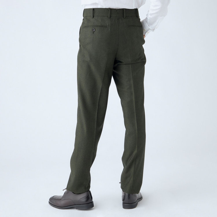 シルバーライン 【CLASSICO TAPERED】【秋冬】3釦段返りシングルスーツ 2タック/カーキ×ヘリンボーン/ウエストムーブ/MARZOTTO/※裾上げ必要 緑中間
