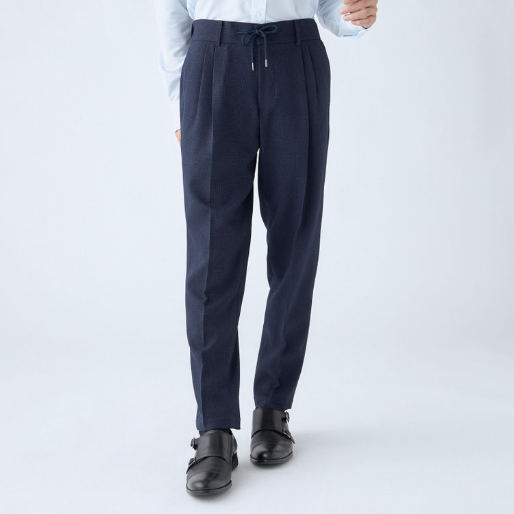 シルバーライン 【RBC】【秋冬】2タックテーパードパンツ/ネイビー×グレンチェック/ドローコード/ウエストシャーリング/※裾上げ済仕様 紺中間