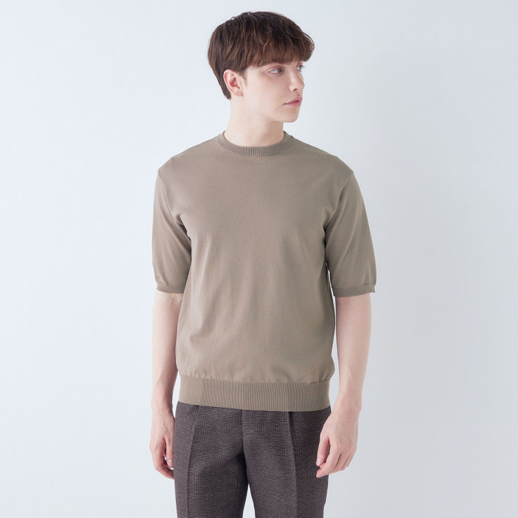 【WEB限定/OUTLET/汚れ・キズ等有】【RBC】【5分袖】コットンブレンドクルーネックニット/ブラウン/マシンウォッシャブル