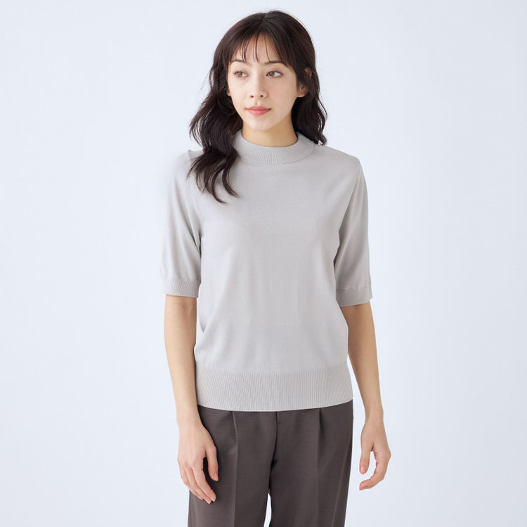 SUIT SELECT　アウトレット 【WEB限定/OUTLET/汚れ・キズ等有】【SILVER LINE/５分袖】 天竺編みモックネックニット/グレー グレー淡色