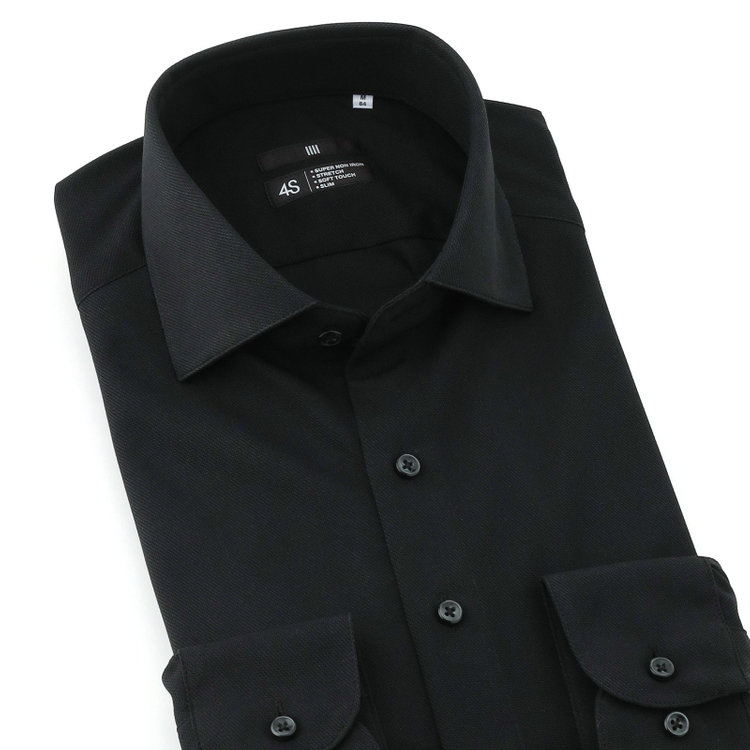 ブラックライン 【発送在庫あり】【BLACK LINE】ワイドカラーワイシャツ/ブラック×ドビー/「4S」スーパーノンアイロン・ストレッチ 黒