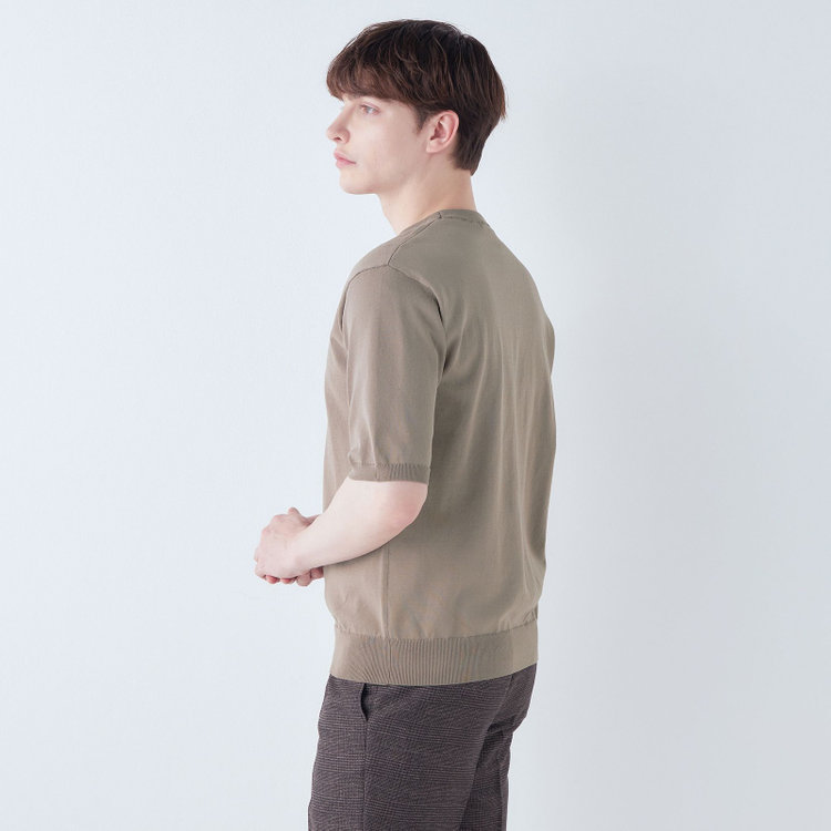 SUIT SELECT　アウトレット 【WEB限定/OUTLET/汚れ・キズ等有】【RBC】【5分袖】コットンブレンドクルーネックニット/ブラウン/マシンウォッシャブル 茶淡色