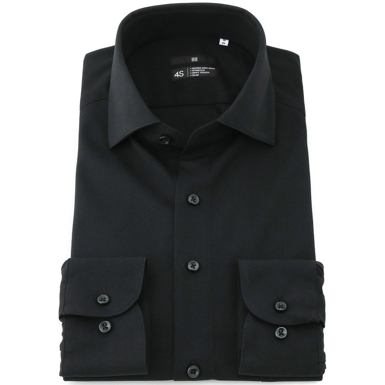 ブラックライン 【発送在庫あり】【BLACK LINE】ワイドカラーワイシャツ/ブラック×ドビー/「4S」スーパーノンアイロン・ストレッチ 黒